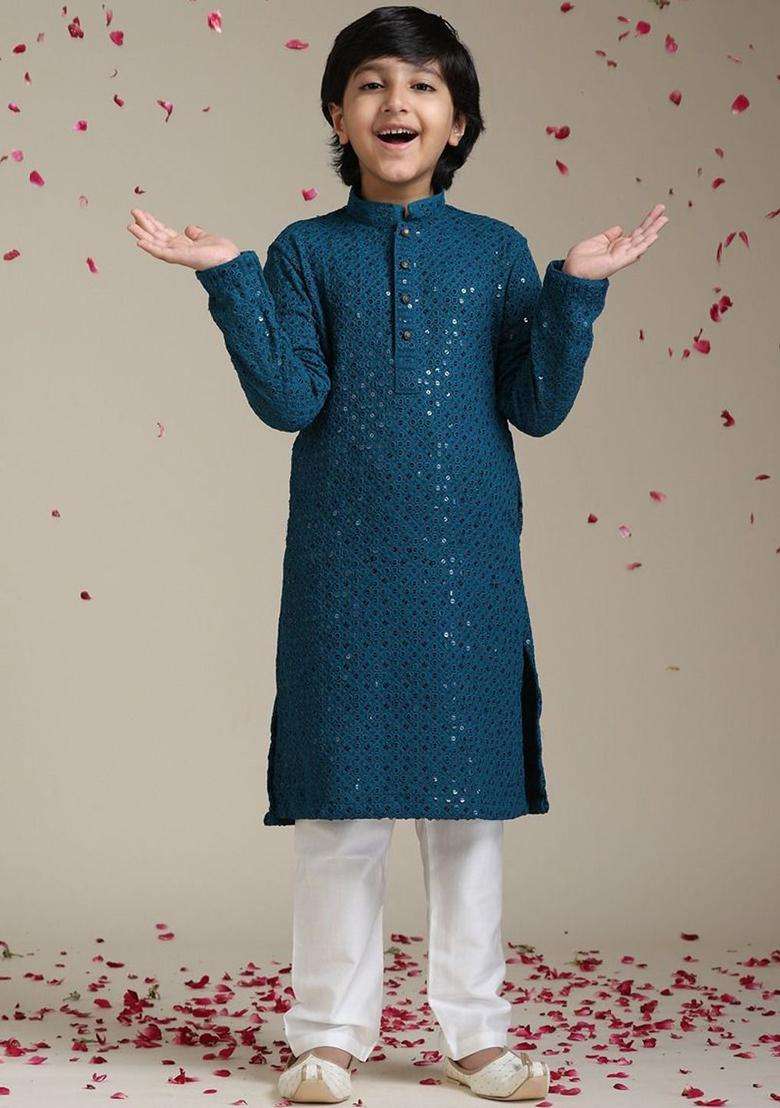 Teal Embroidered Viscose Kurta Set For Boys - Indya