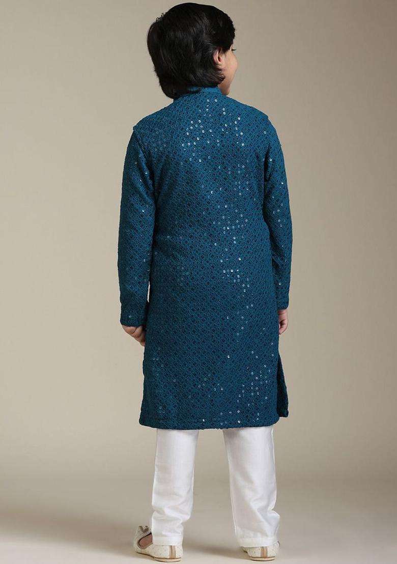 Teal Embroidered Viscose Kurta Set For Boys - Indya