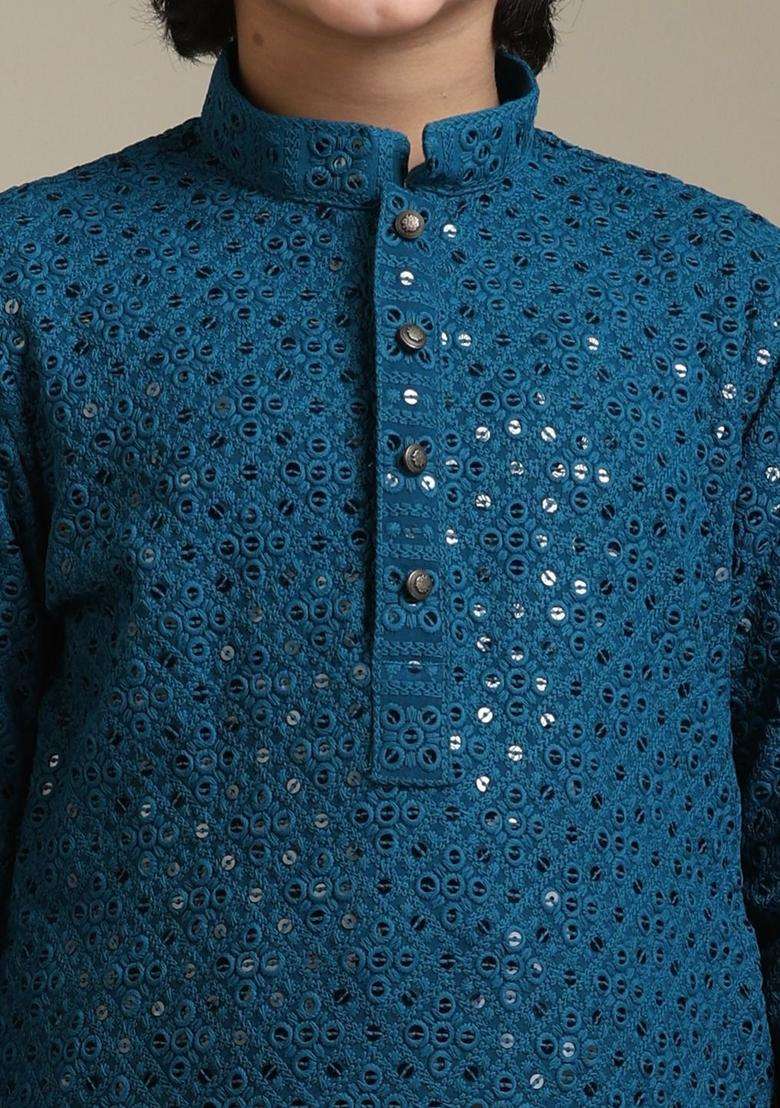 Teal Embroidered Viscose Kurta Set For Boys - Indya