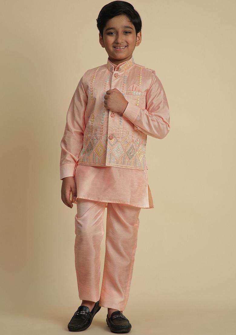Pink Solid Silk Kurta Set For Boys - Indya