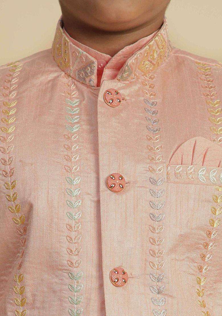 Pink Solid Silk Kurta Set For Boys - Indya