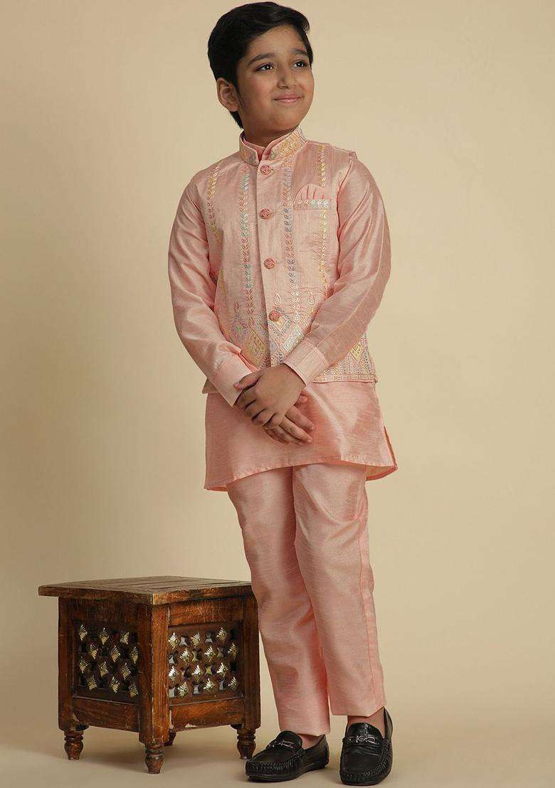 Pink Solid Silk Kurta Set For Boys - Indya