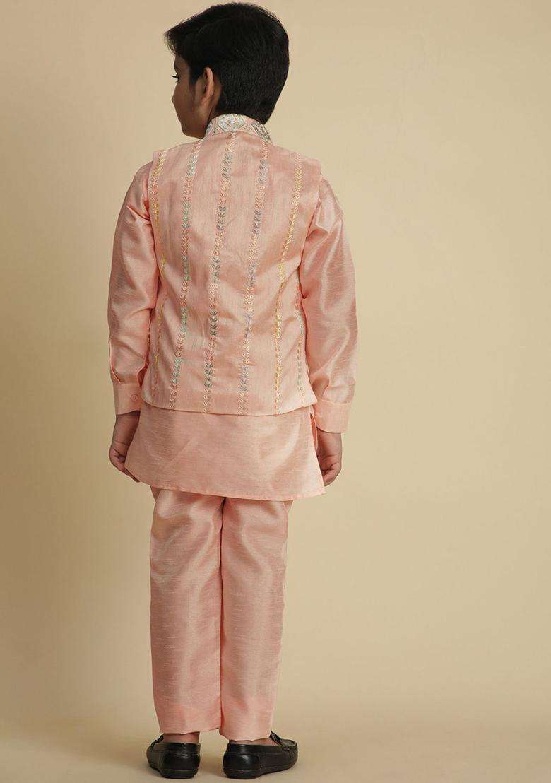 Pink Solid Silk Kurta Set For Boys - Indya