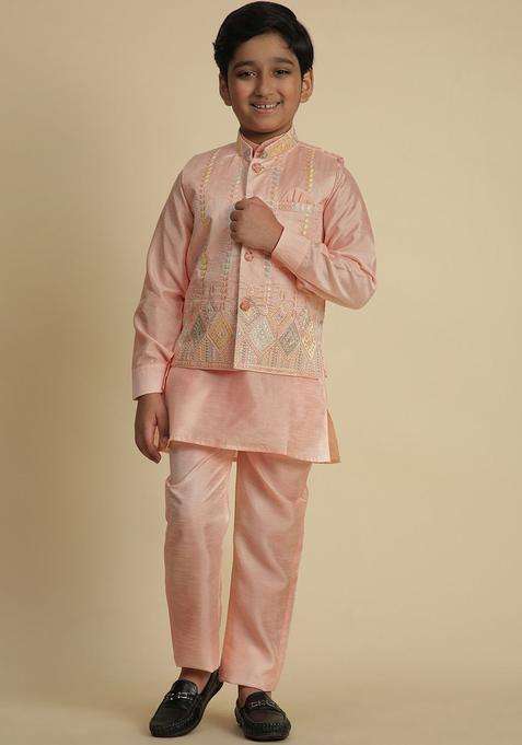 Pink Solid Silk Kurta Set For Boys