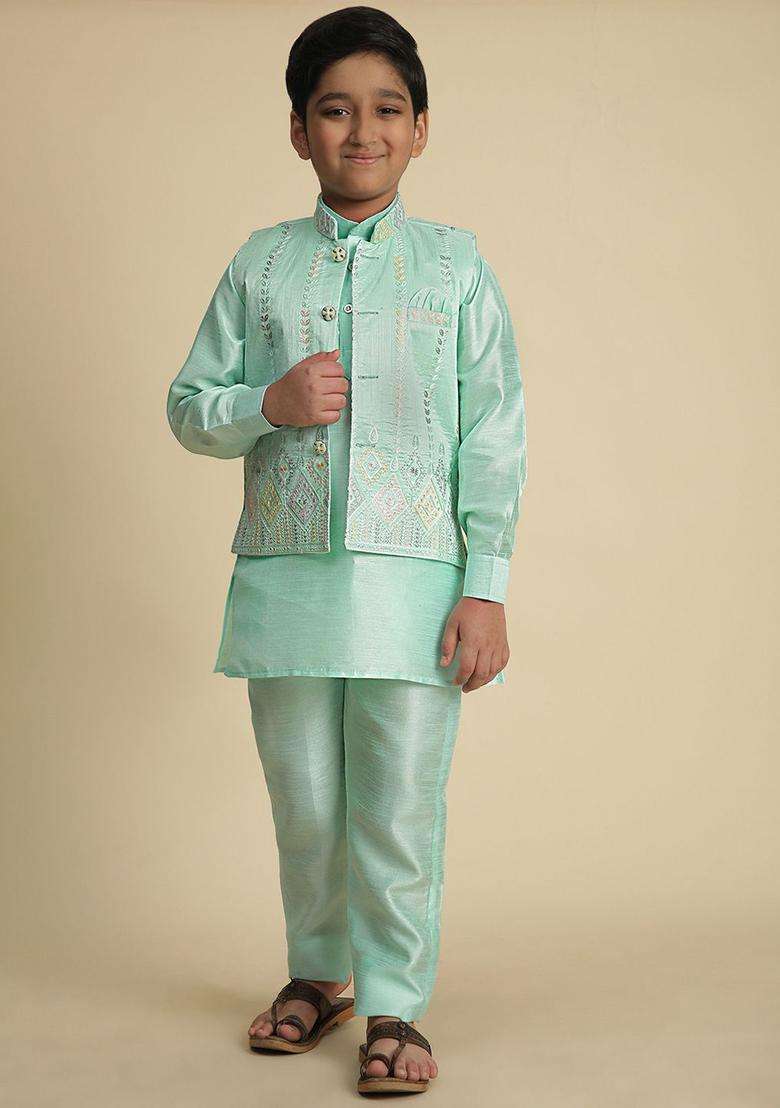 Green Solid Silk Kurta Set For Boys - Indya