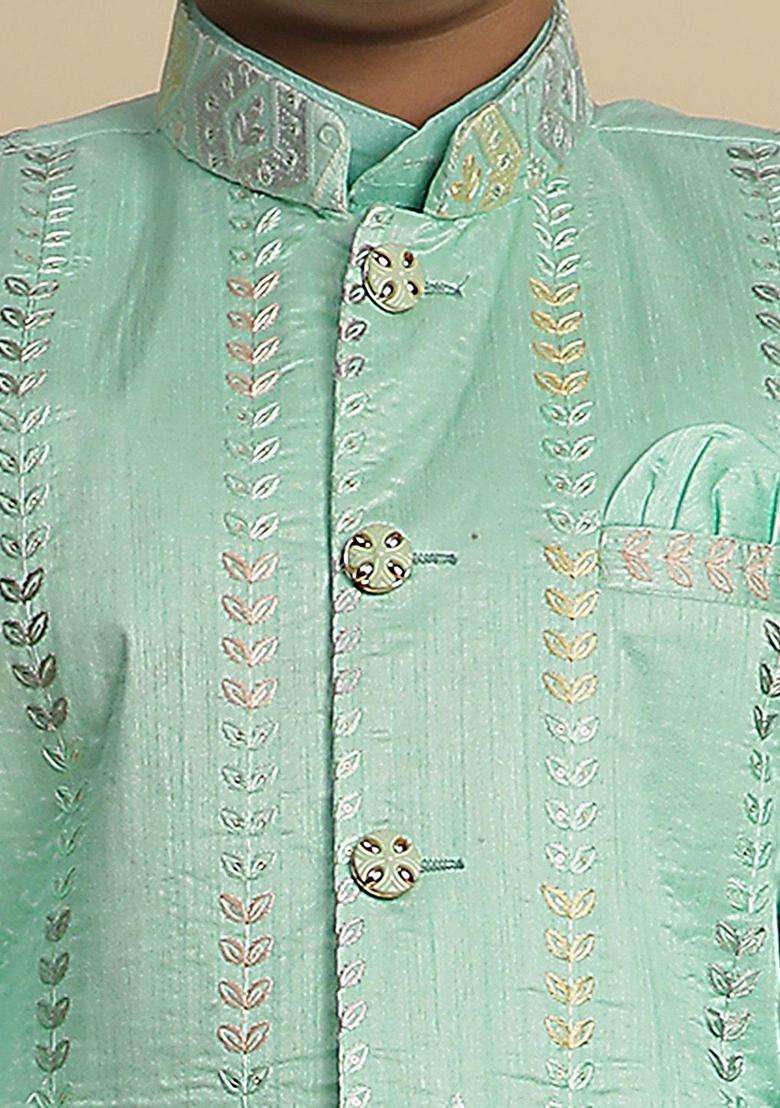 Green Solid Silk Kurta Set For Boys - Indya