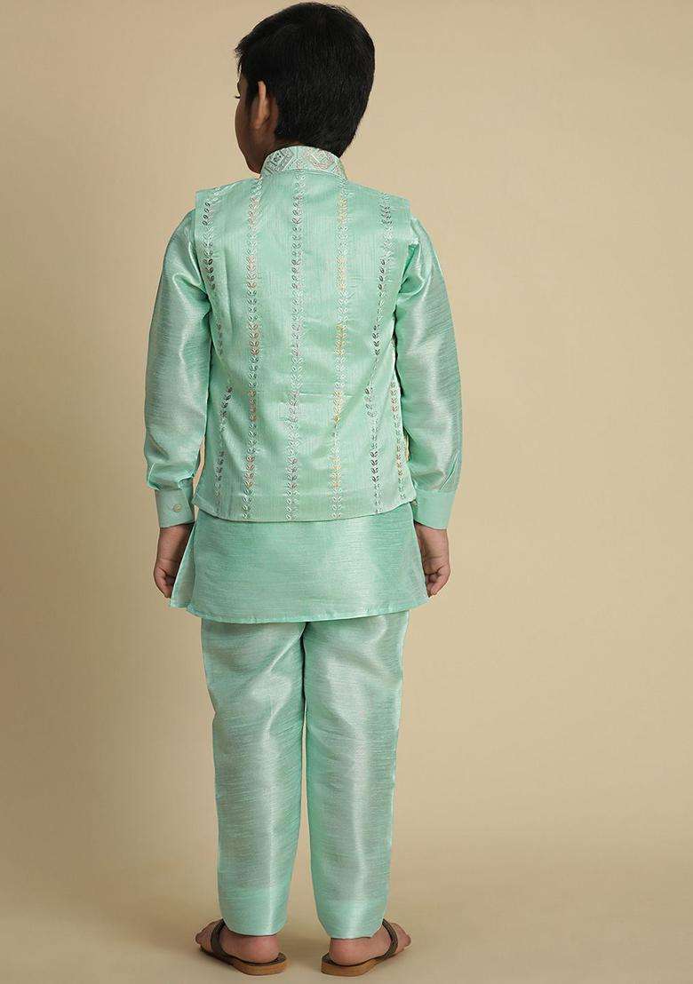 Green Solid Silk Kurta Set For Boys - Indya