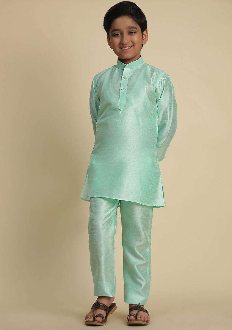 Green Solid Silk Kurta Set For Boys - Indya