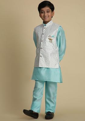 Turquoise Blue Solid Silk Kurta Set For Boys