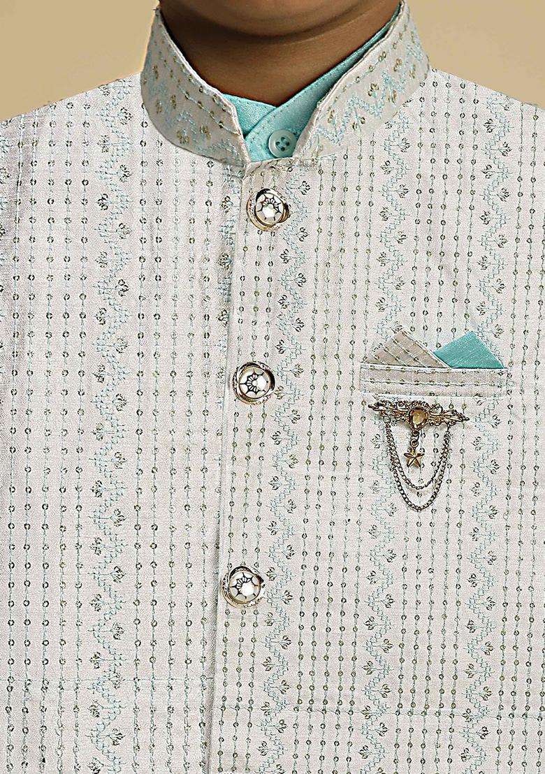Turquoise Blue Solid Silk Kurta Set For Boys - Indya