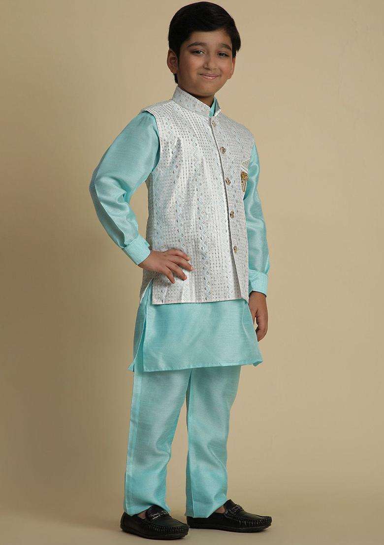 Turquoise Blue Solid Silk Kurta Set For Boys - Indya