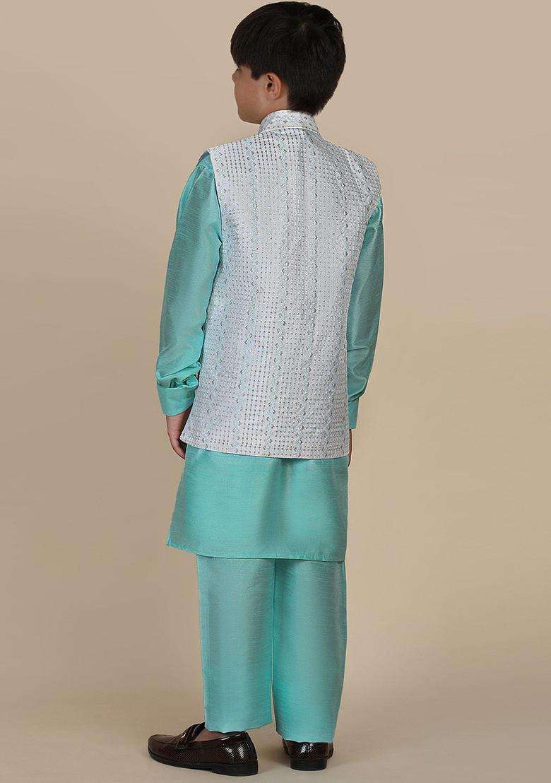 Turquoise Blue Solid Silk Kurta Set For Boys - Indya