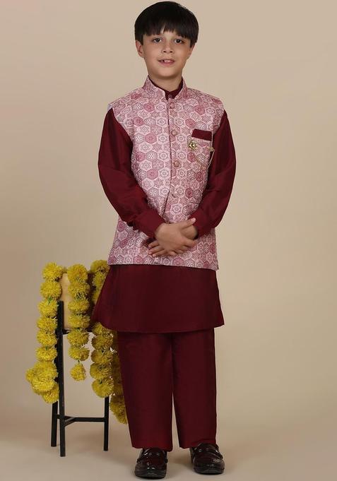 Maroon Solid Silk Kurta Set For Boys — view on Indya