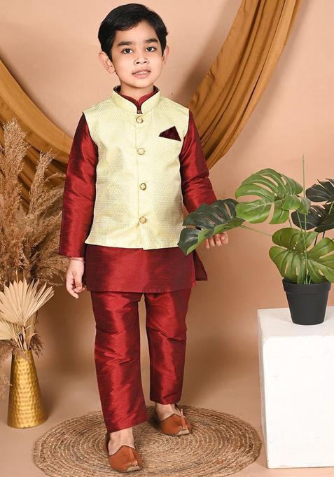 Maroon Solid Silk Kurta Set For Boys — view on Indya
