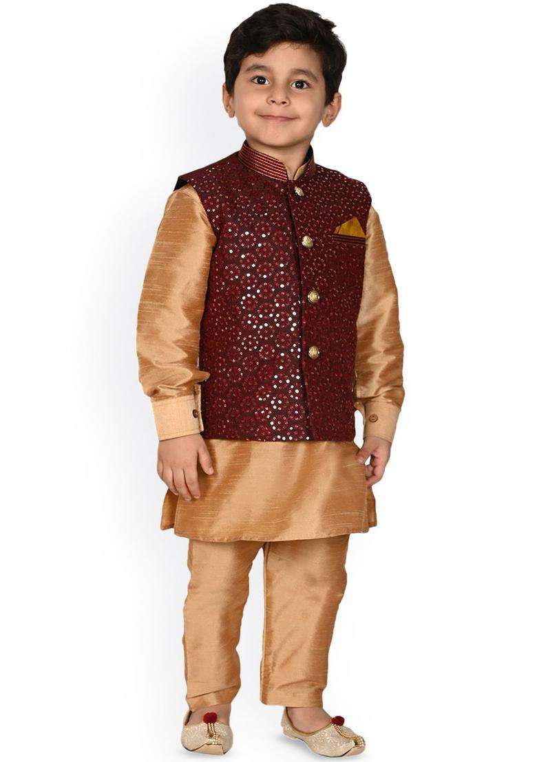 Gold Embroidered Silk Kurta Set For Boys - Indya