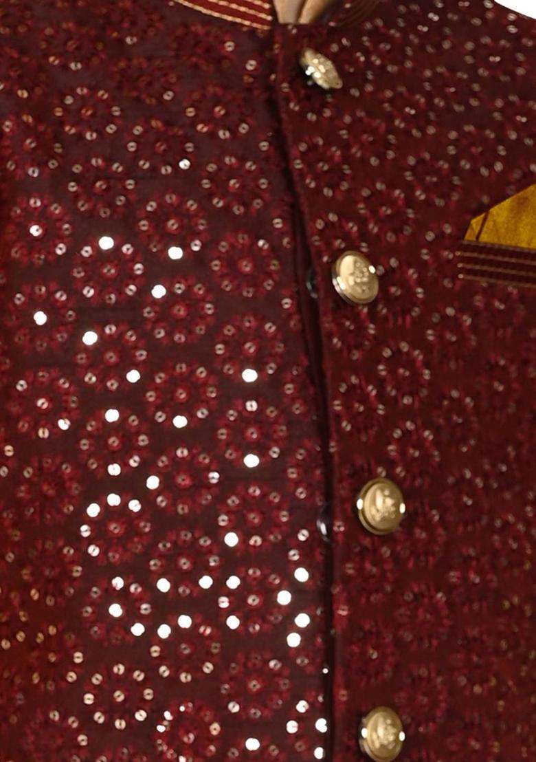 Gold Embroidered Silk Kurta Set For Boys - Indya