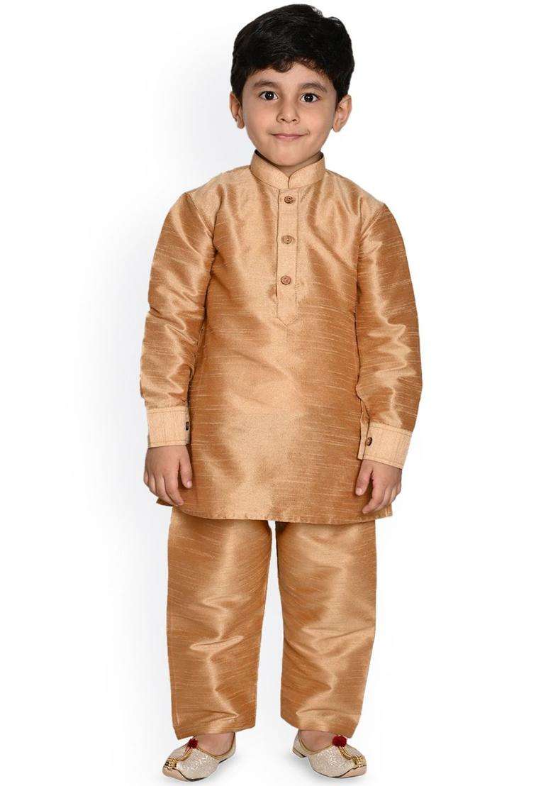 Gold Embroidered Silk Kurta Set For Boys - Indya