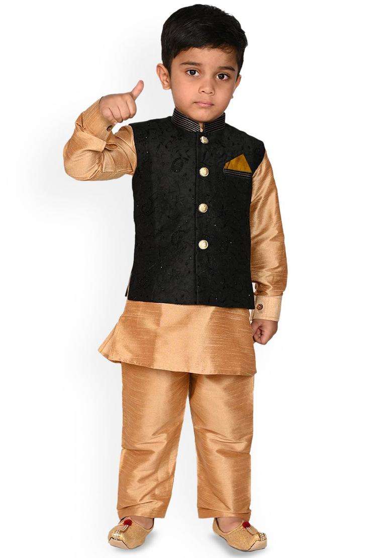 Gold Solid Silk Kurta Set For Boys - Indya