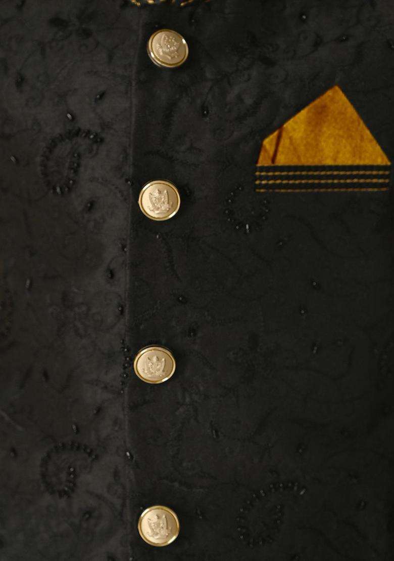 Gold Solid Silk Kurta Set For Boys - Indya