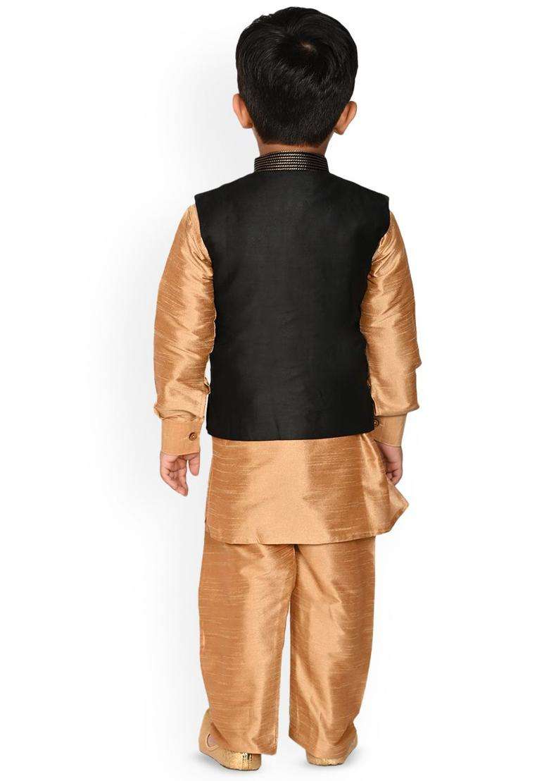 Gold Solid Silk Kurta Set For Boys - Indya