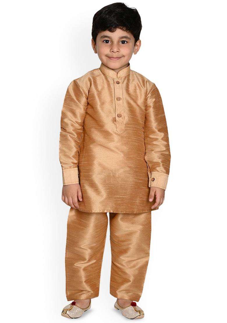 Gold Solid Silk Kurta Set For Boys - Indya