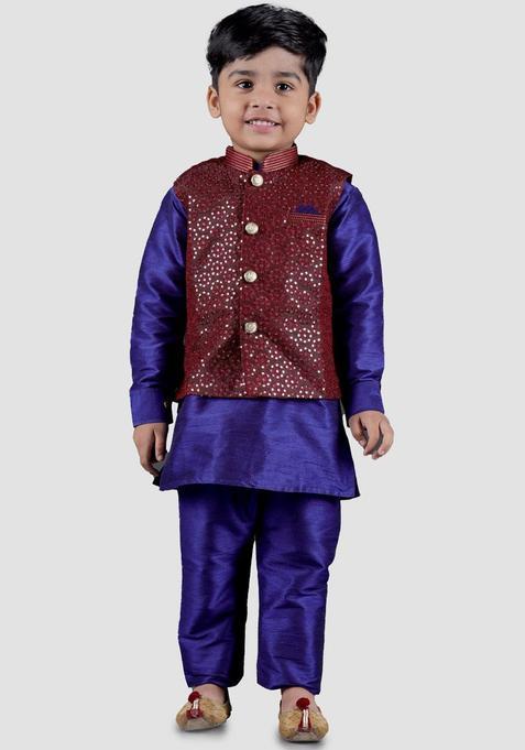 Blue Embroidered Silk Kurta Set For Boys — view on Indya