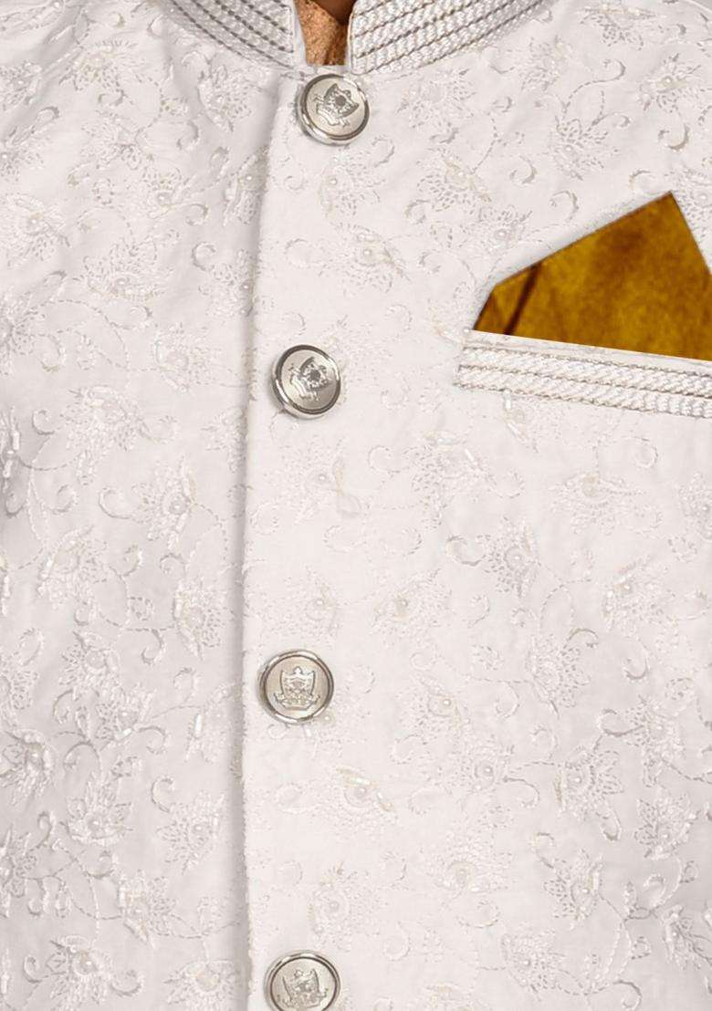 Gold Solid Silk Kurta Set For Boys - Indya