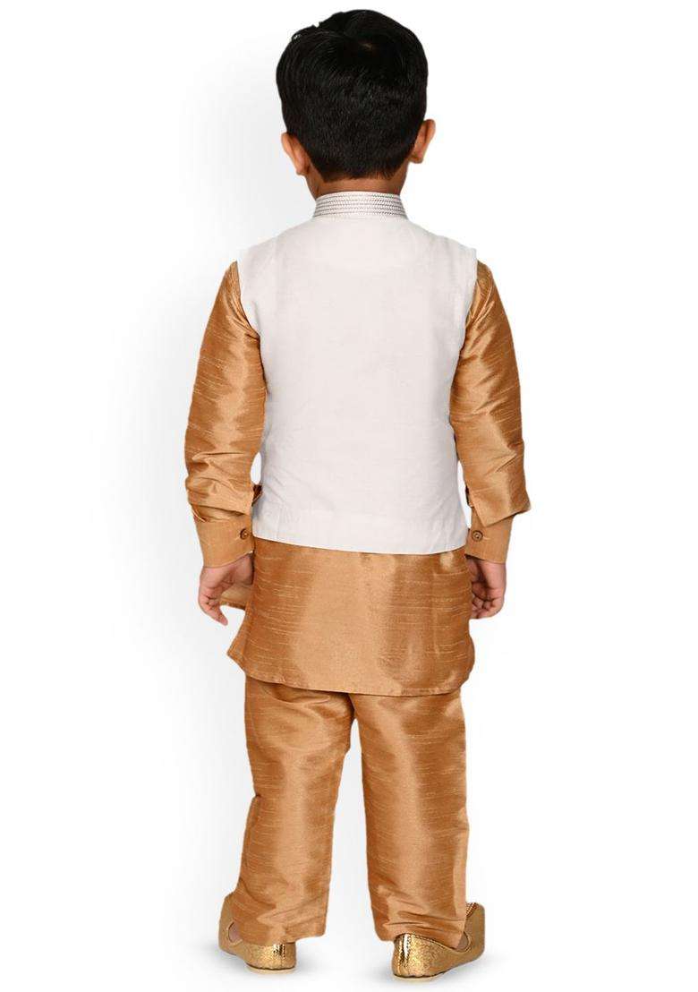 Gold Solid Silk Kurta Set For Boys - Indya
