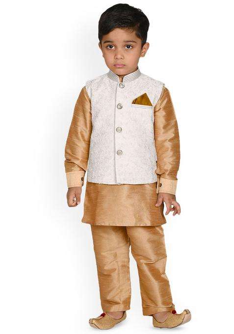 Gold Solid Silk Kurta Set For Boys