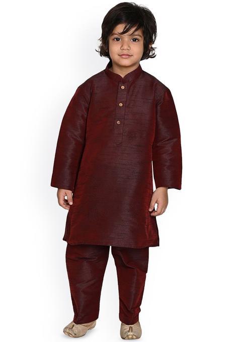 Maroon Solid Silk Kurta Set For Boys — view on Indya