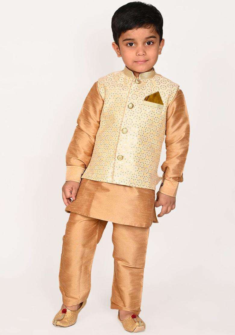 Gold Embroidered Silk Kurta Set For Boys - Indya