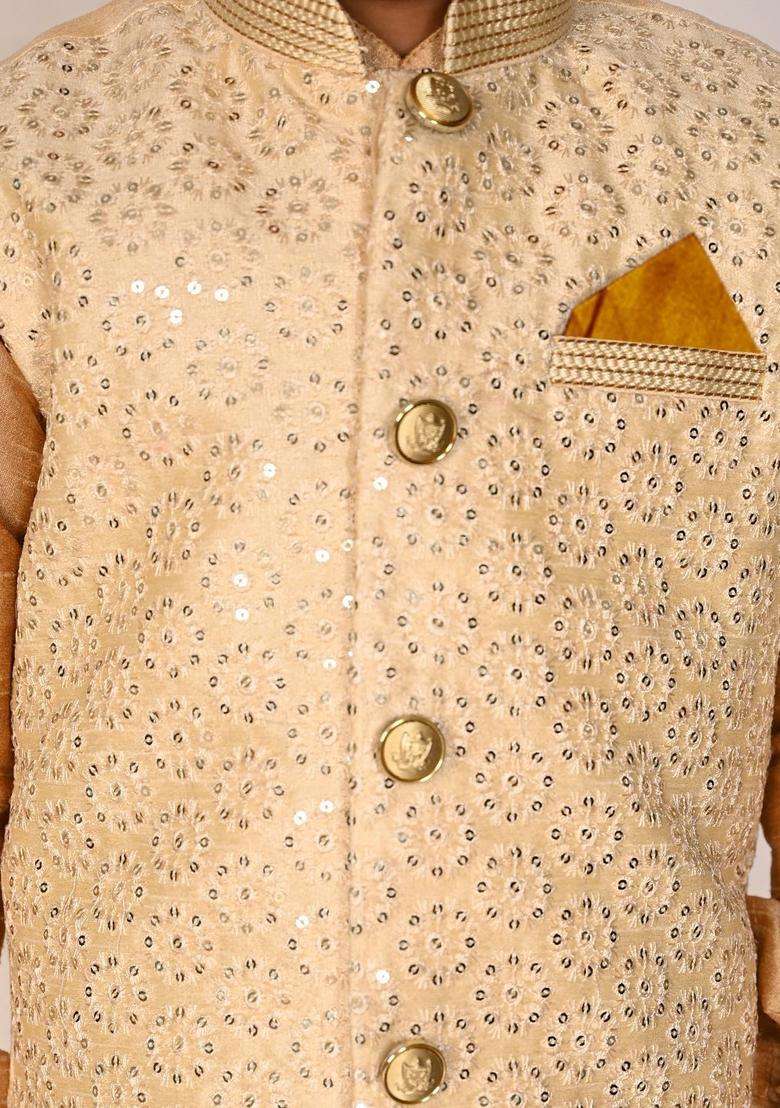 Gold Embroidered Silk Kurta Set For Boys - Indya