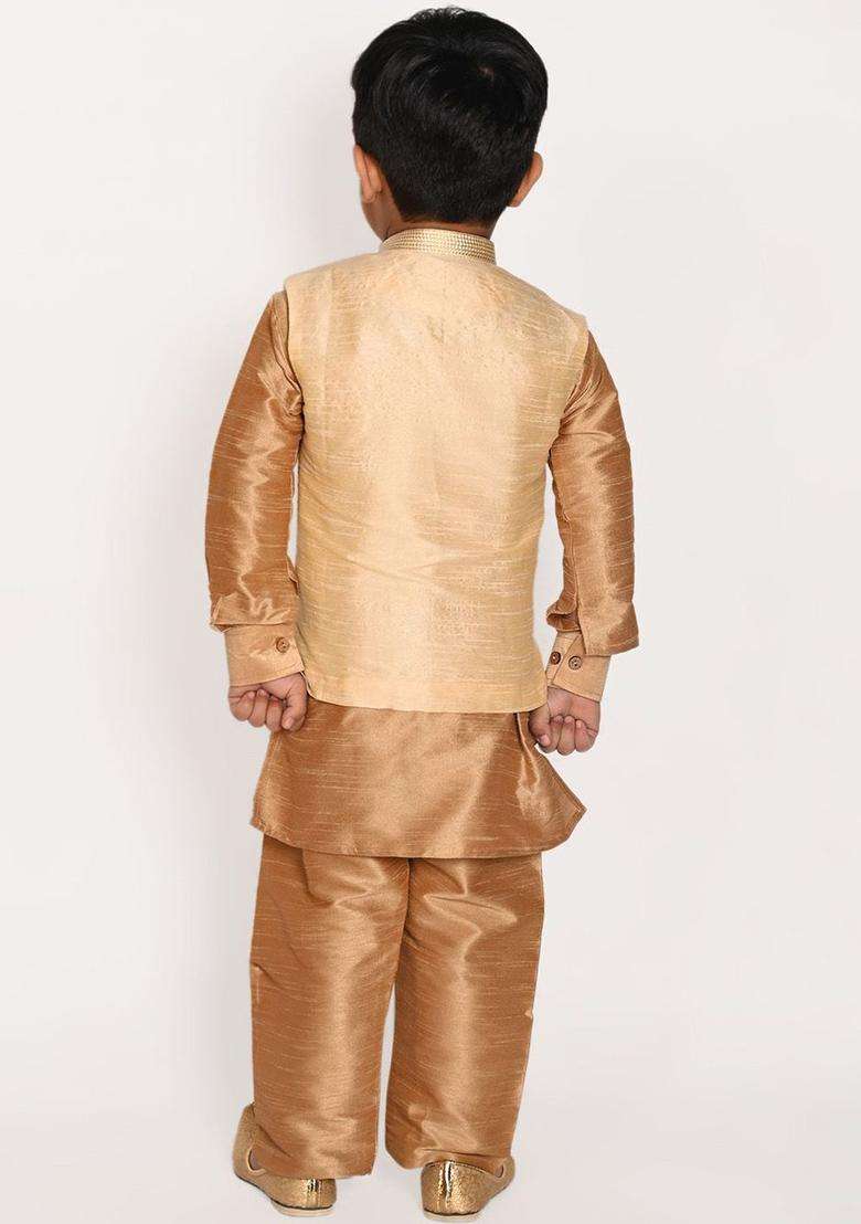 Gold Embroidered Silk Kurta Set For Boys - Indya