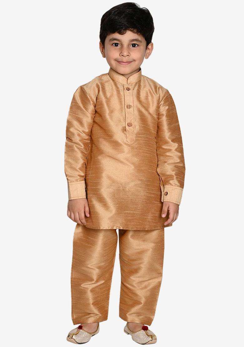 Gold Embroidered Silk Kurta Set For Boys - Indya
