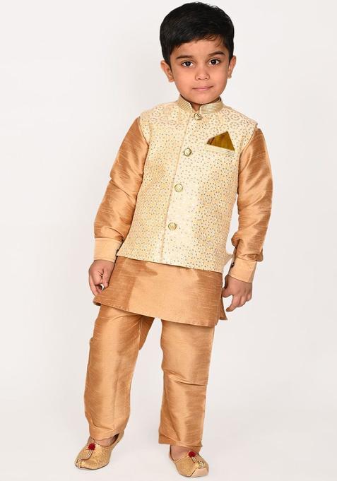Gold Embroidered Silk Kurta Set For Boys — view on Indya