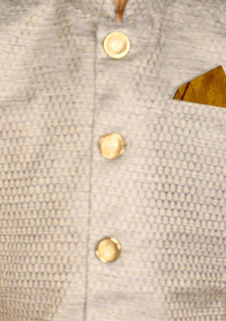 Gold Solid Silk Kurta Set For Boys - Indya