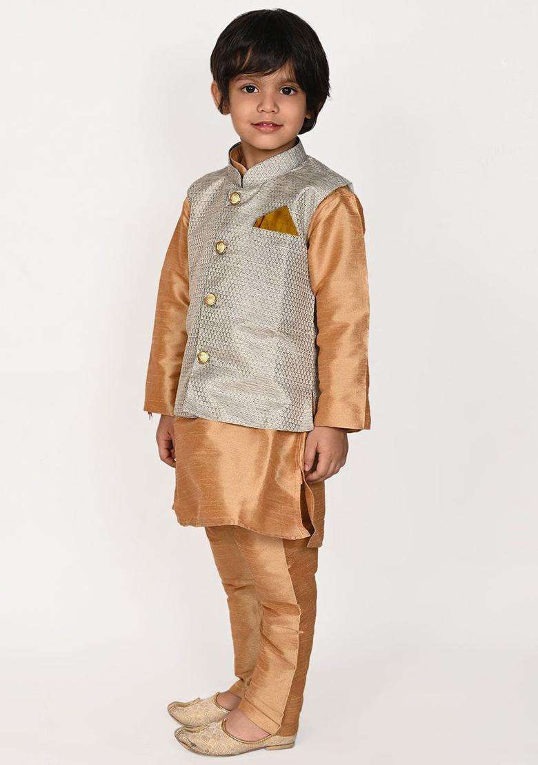 Gold Solid Silk Kurta Set For Boys - Indya