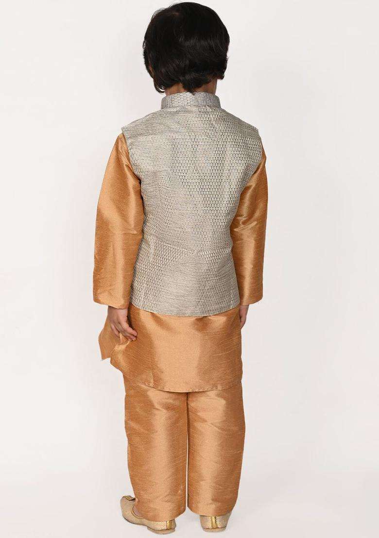 Gold Solid Silk Kurta Set For Boys - Indya