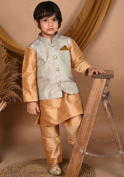 Gold Solid Silk Kurta Set For Boys