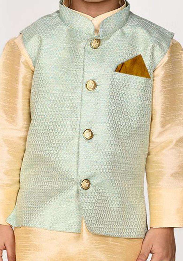 Gold Solid Silk Kurta Set For Boys - Indya