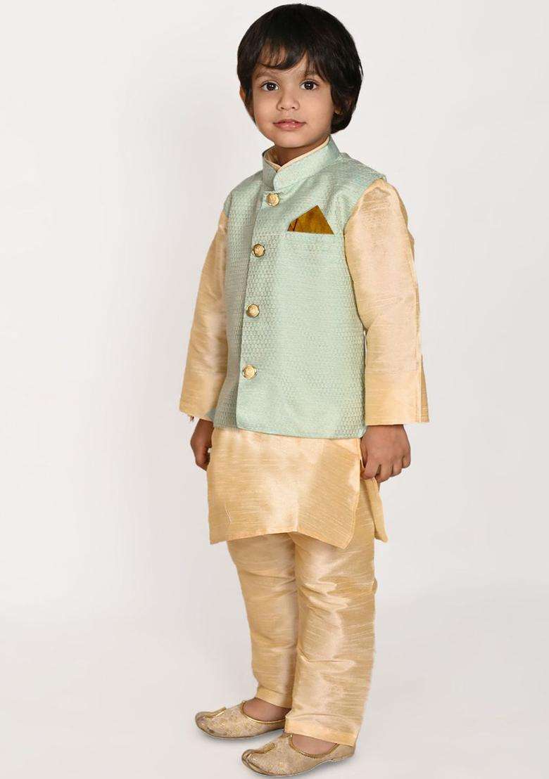 Gold Solid Silk Kurta Set For Boys - Indya