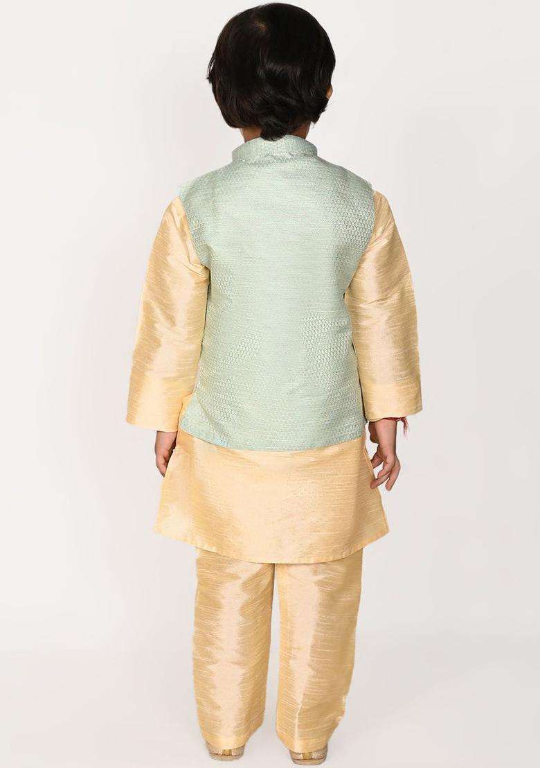 Gold Solid Silk Kurta Set For Boys - Indya