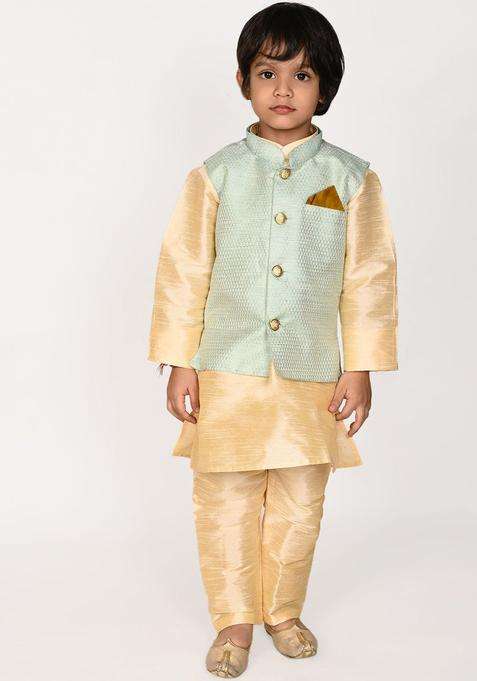 Gold Solid Silk Kurta Set For Boys