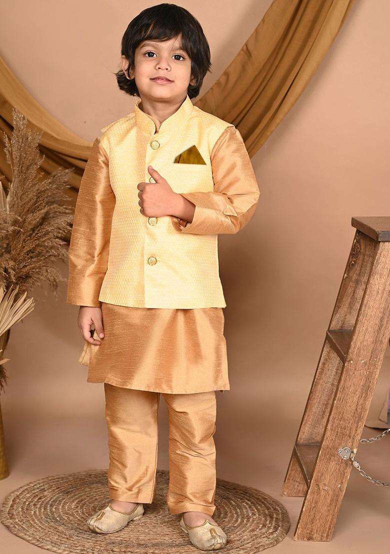 Gold Solid Silk Kurta Set For Boys - Indya