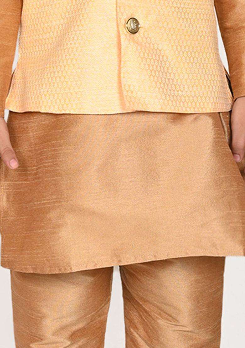 Gold Solid Silk Kurta Set For Boys - Indya
