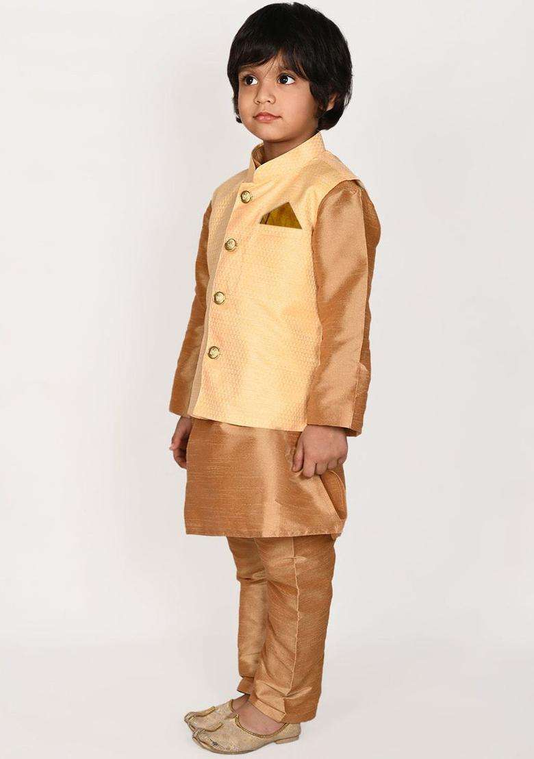 Gold Solid Silk Kurta Set For Boys - Indya