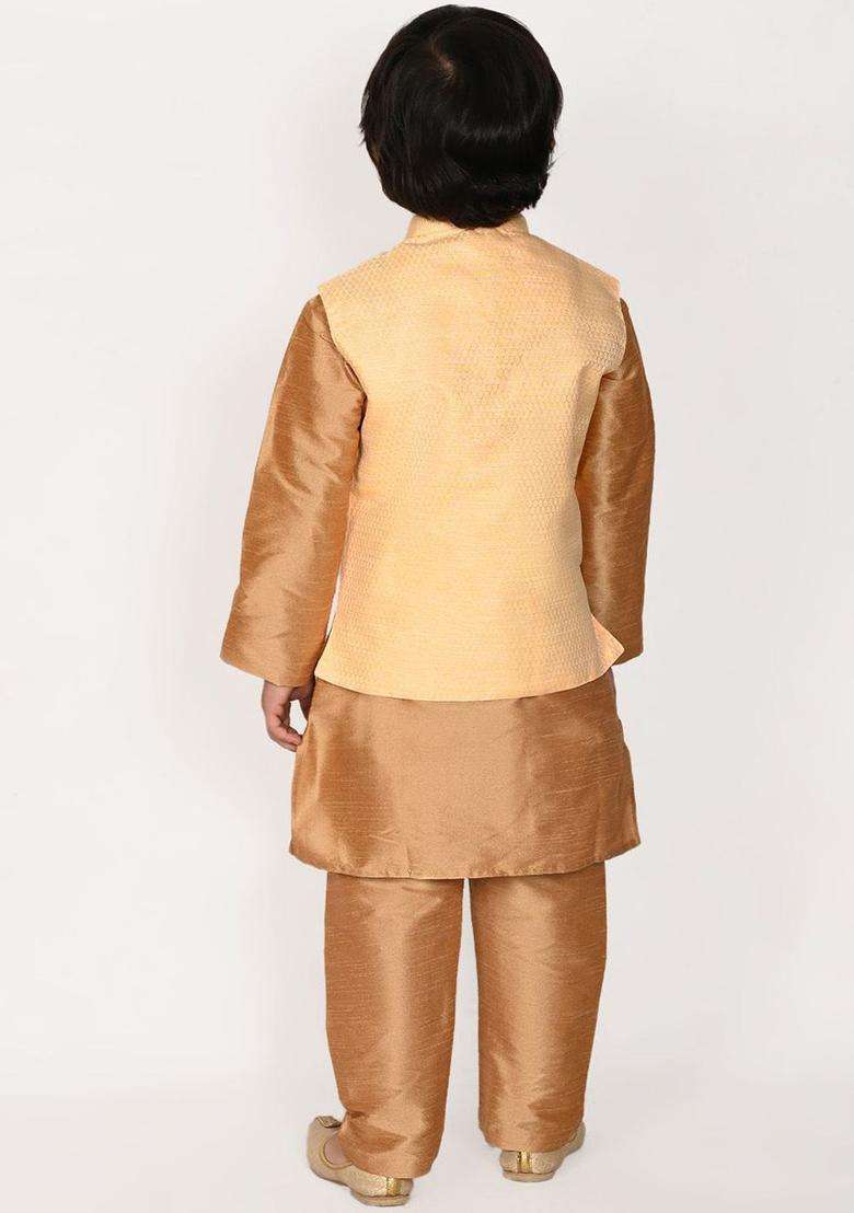 Gold Solid Silk Kurta Set For Boys - Indya
