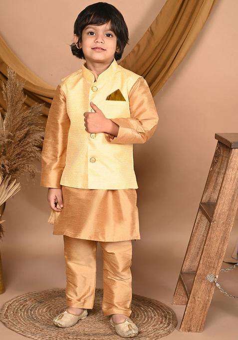 Gold Solid Silk Kurta Set For Boys