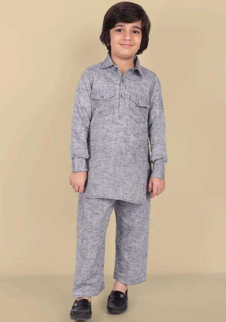 Grey Solid Silk Kurta Set For Boys - Indya