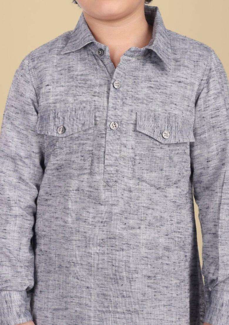 Grey Solid Silk Kurta Set For Boys - Indya
